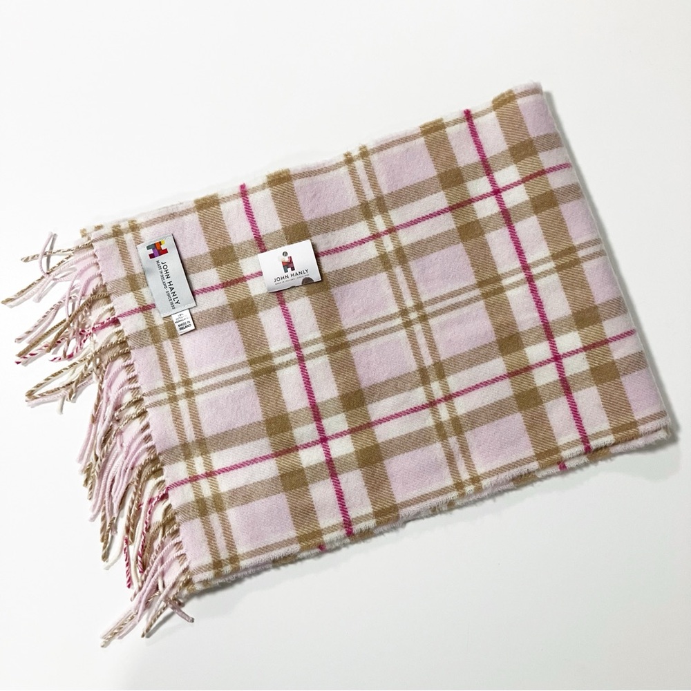 John Hanly | Pink Plaid Wool Fringe Scarf OS Cabincore Gorpcore Granola Winter